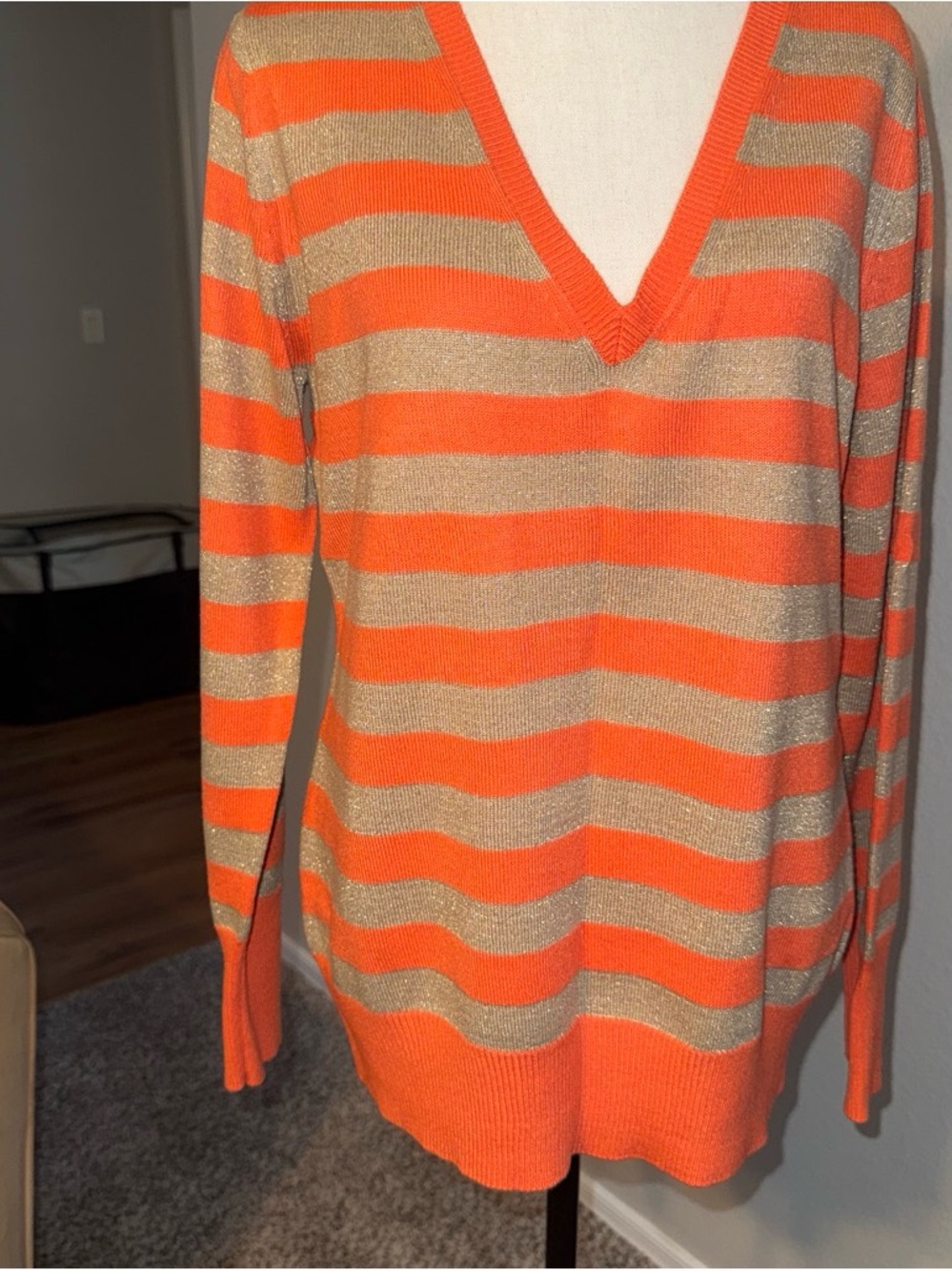 New York & Company Orange and Gold Striped V-Neck Sweater